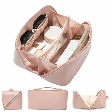 KPM WORLD™ premium pink PU leather cosmetic bag with spacious multi-compartment interior, brush organizer, zipper pocket, and dedicated sections for makeup and skincare essentials.