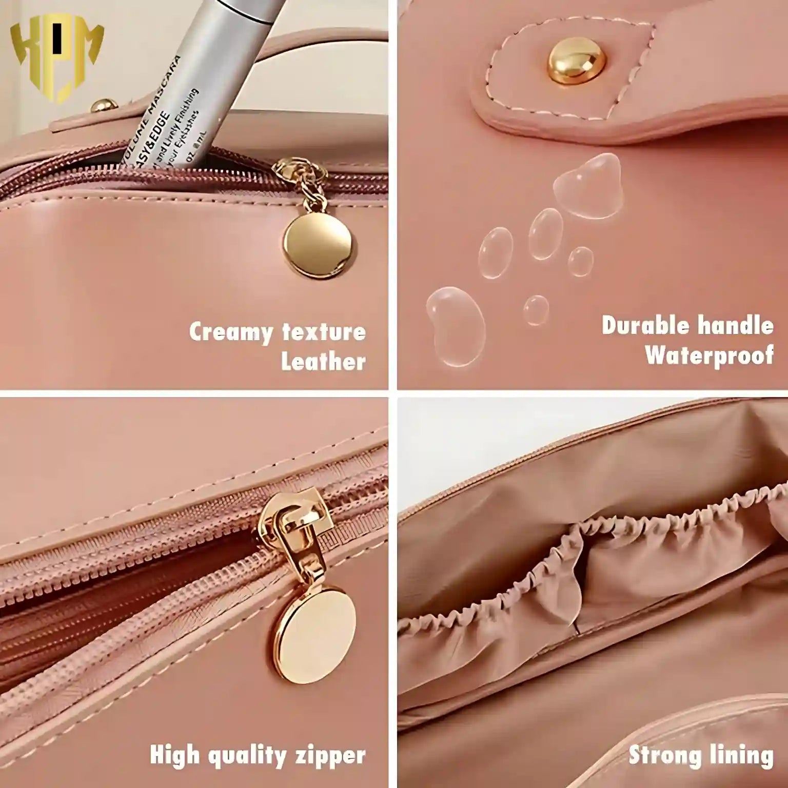 KPM WORLD™ premium pink PU leather cosmetic bag showcasing creamy leather texture, waterproof exterior, smooth metal zipper, durable handle, and reinforced interior lining.