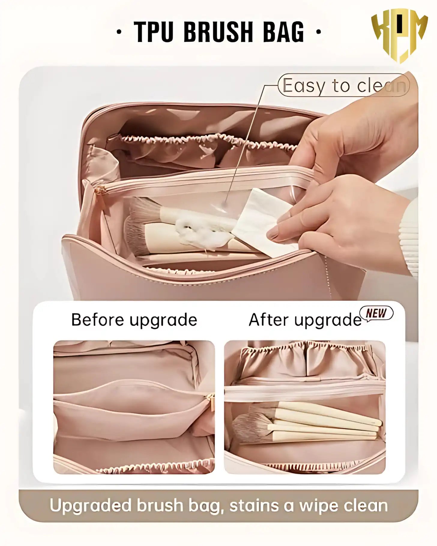 KPM WORLD™ premium pink leather cosmetic bag featuring an upgraded transparent TPU brush pouch that is easy to clean and keeps makeup brushes hygienically organized.