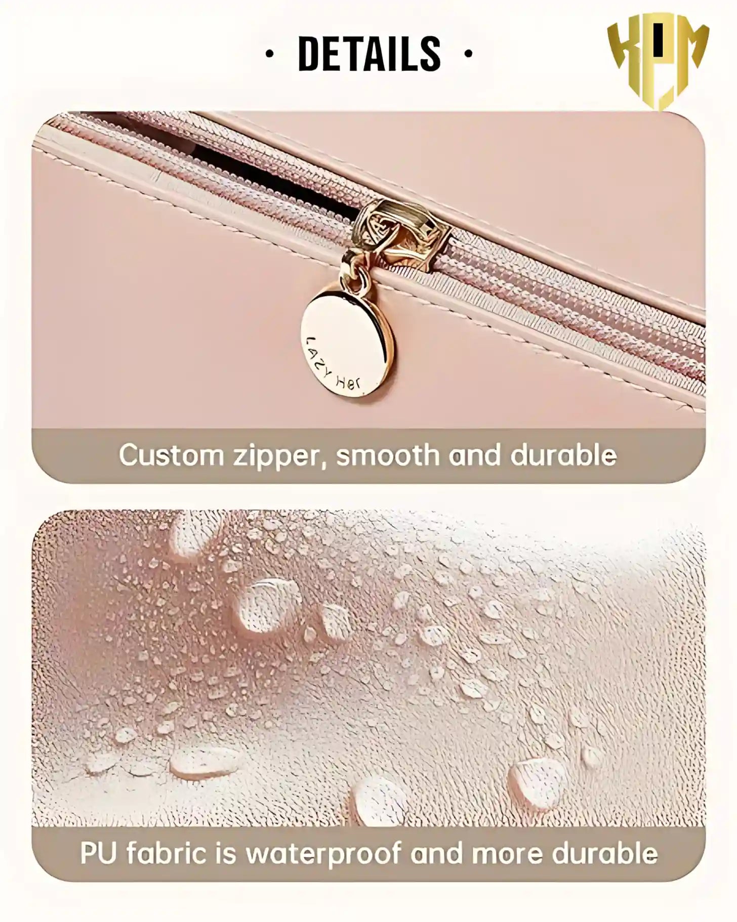 KPM WORLD™ premium pink PU leather makeup organizer featuring a smooth premium zipper, durable hardware, and waterproof PU leather construction for everyday use.