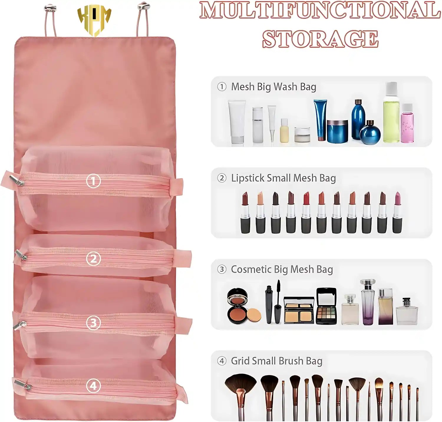 KPM WORLD™ pink multi-functional hanging organizer with dedicated storage for toiletries, cosmetics, makeup, lipsticks, perfume bottles, and makeup brushes.