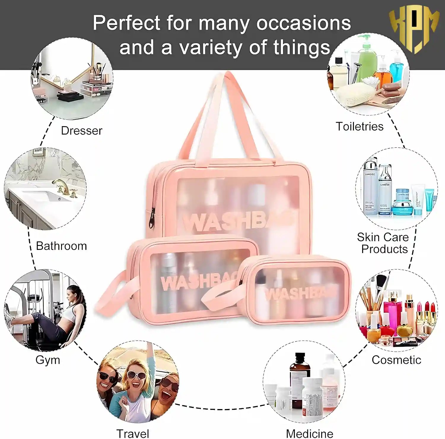 KPM WORLD™ premium pink 3-piece wash bag set suitable for cosmetics, skincare, toiletries, medicines, bathroom essentials, gym accessories, and travel organization.