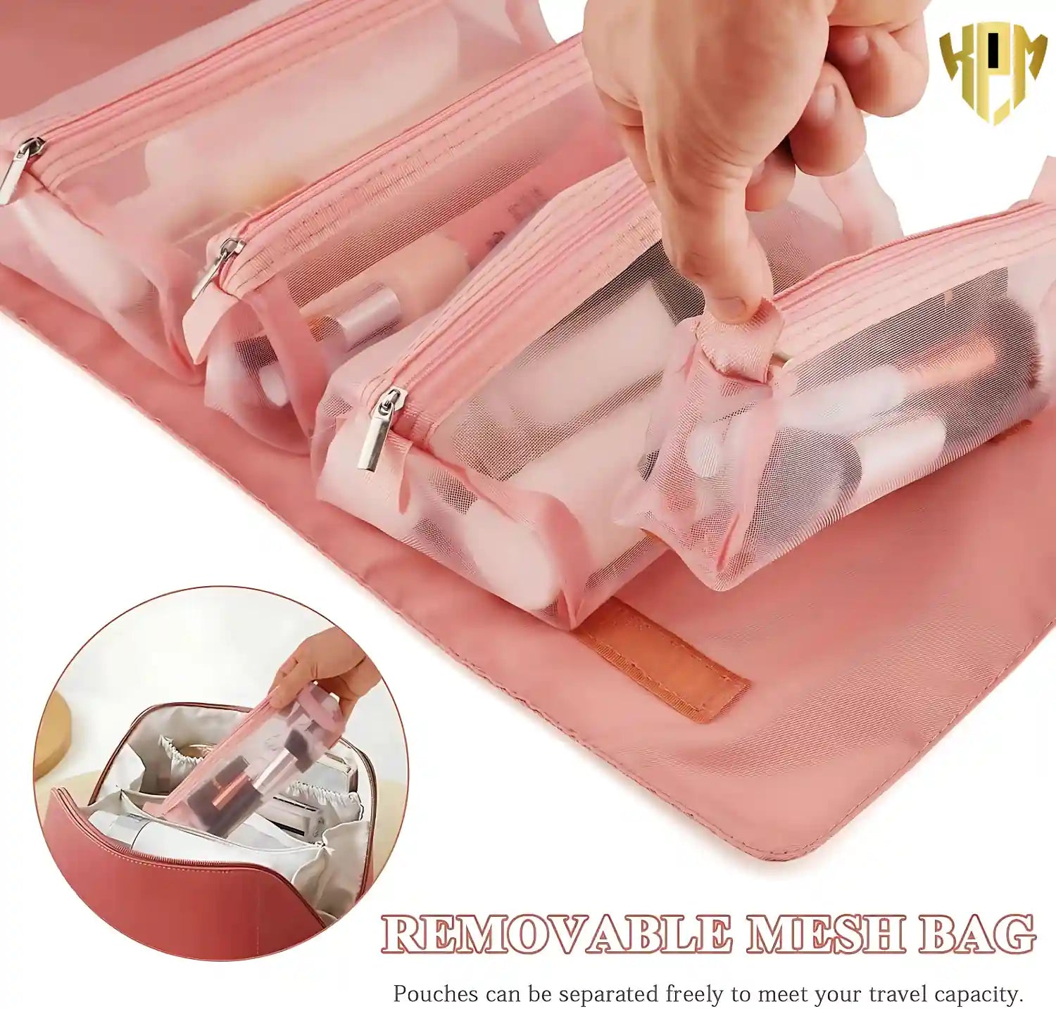 KPM WORLD™ pink travel organizer with removable transparent mesh pouches for customizable packing and easy suitcase organization.