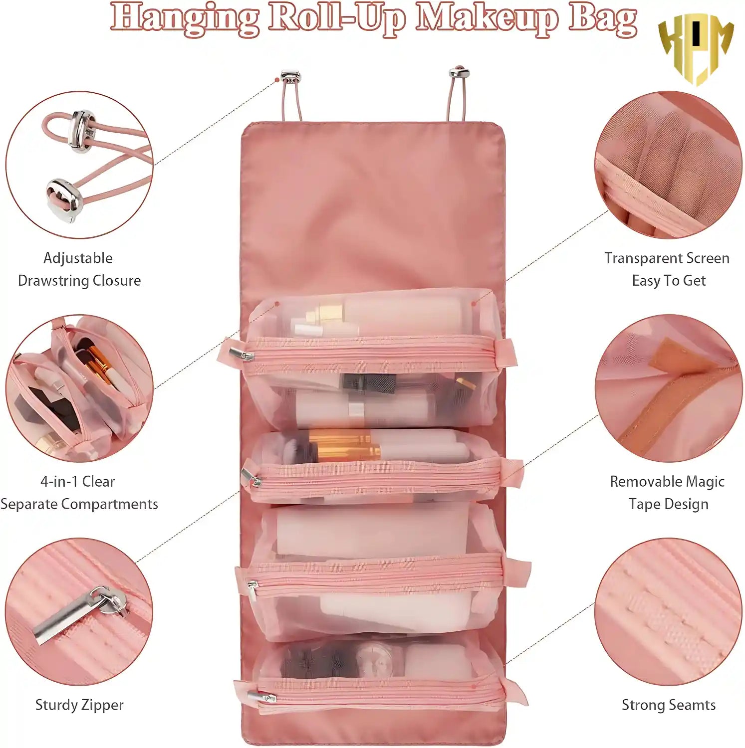 KPM WORLD™ pink hanging roll-up makeup organizer featuring adjustable drawstrings, removable compartments, transparent mesh windows, sturdy zippers, and reinforced stitching.