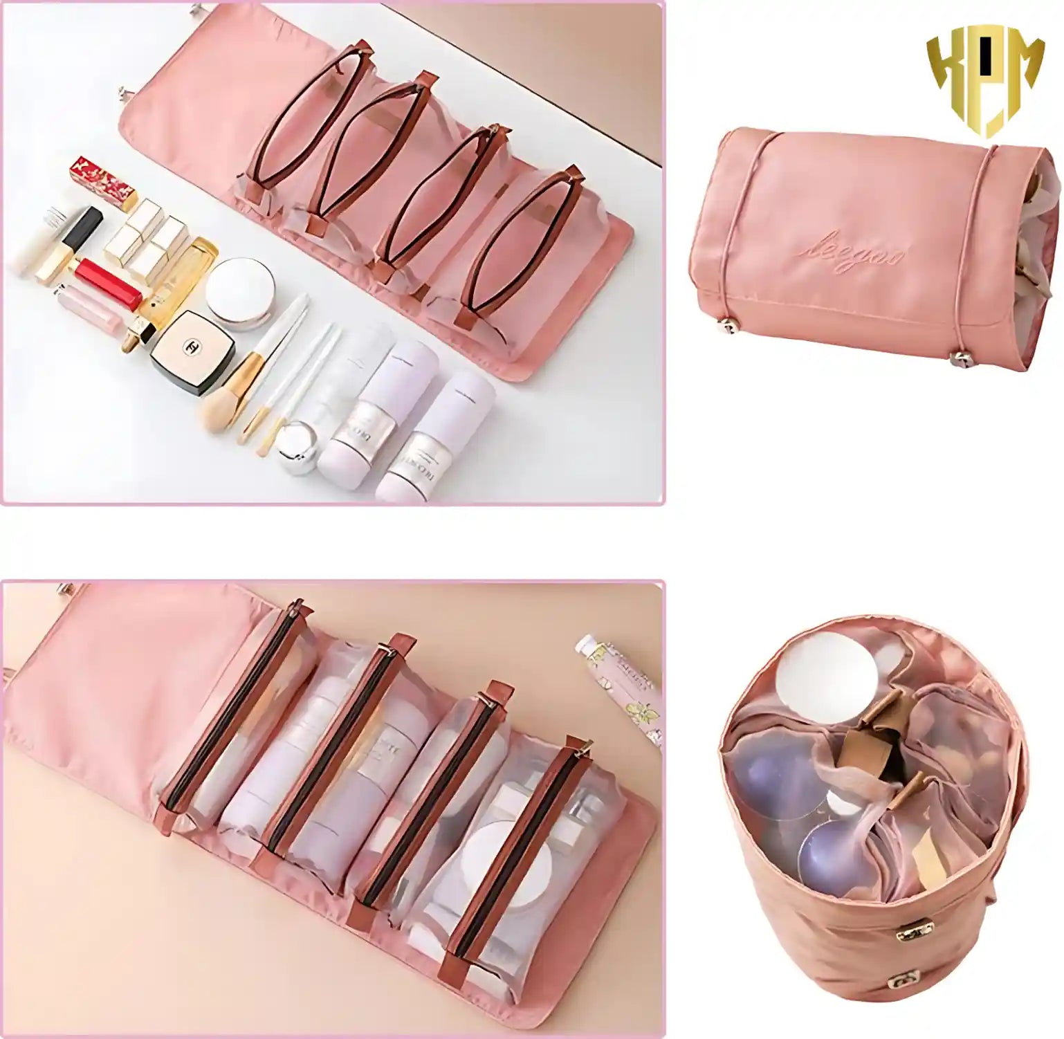 KPM WORLD™ pink roll-up travel organizer displaying multiple storage configurations, folded design, and organized cosmetic compartments.