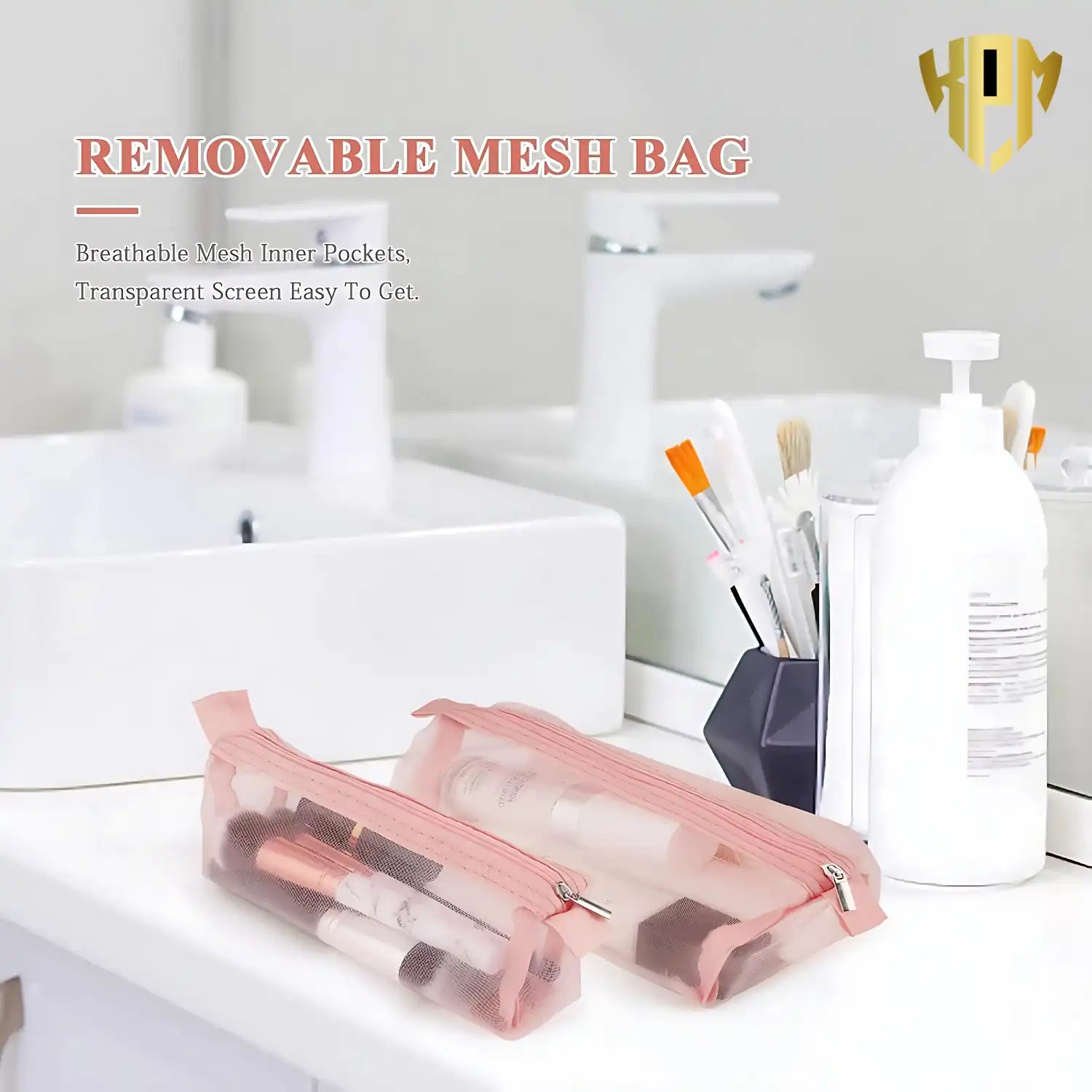 KPM WORLD™ pink removable transparent mesh travel pouch for organizing cosmetics, toiletries, makeup brushes, and daily essentials with quick visibility.