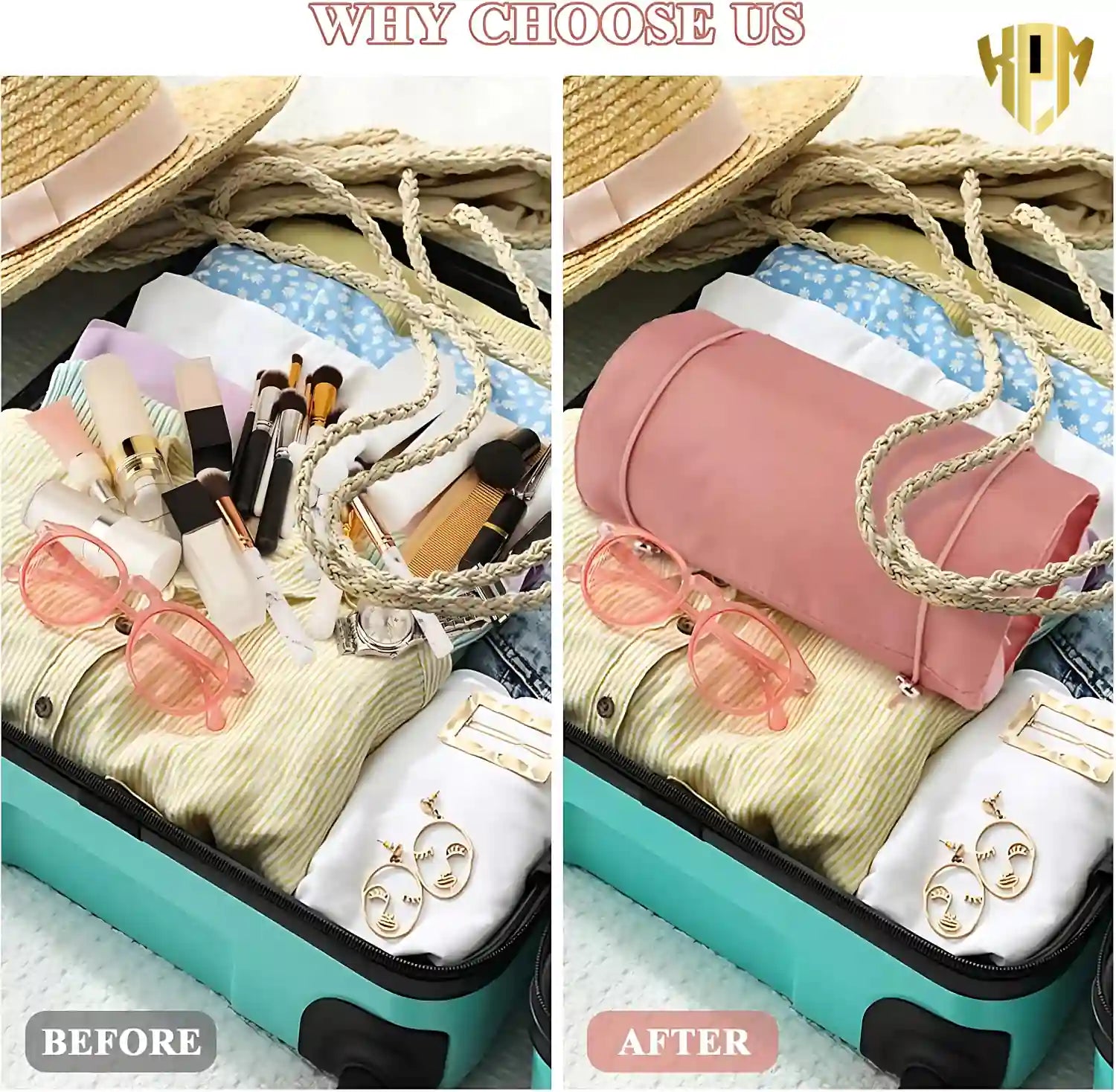 KPM WORLD™ pink 4-in-1 hanging travel organizer showing before and after suitcase organization for efficient packing and space saving.