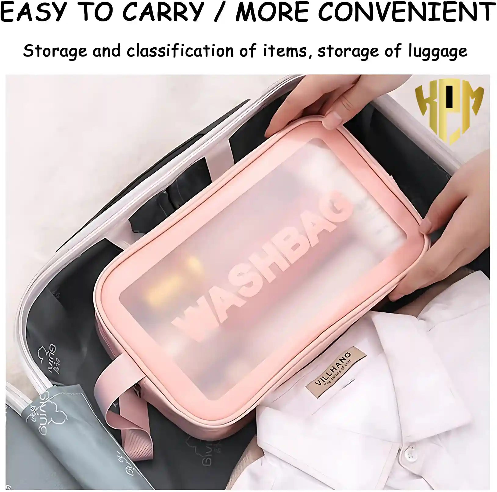 KPM WORLD™ pink travel wash bag neatly packed inside a suitcase for organized storage of toiletries, cosmetics, and travel essentials.