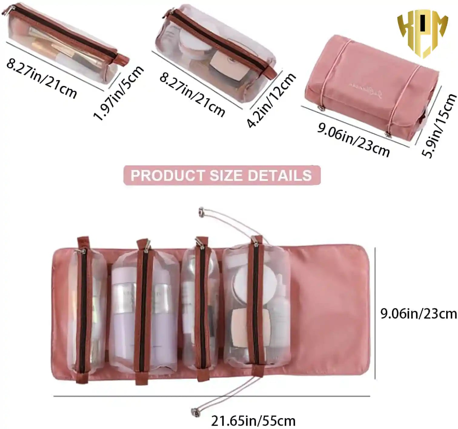 KPM WORLD™ pink hanging roll-up makeup organizer with detailed dimensions of the folded bag, detachable mesh pouches, and fully opened layout.