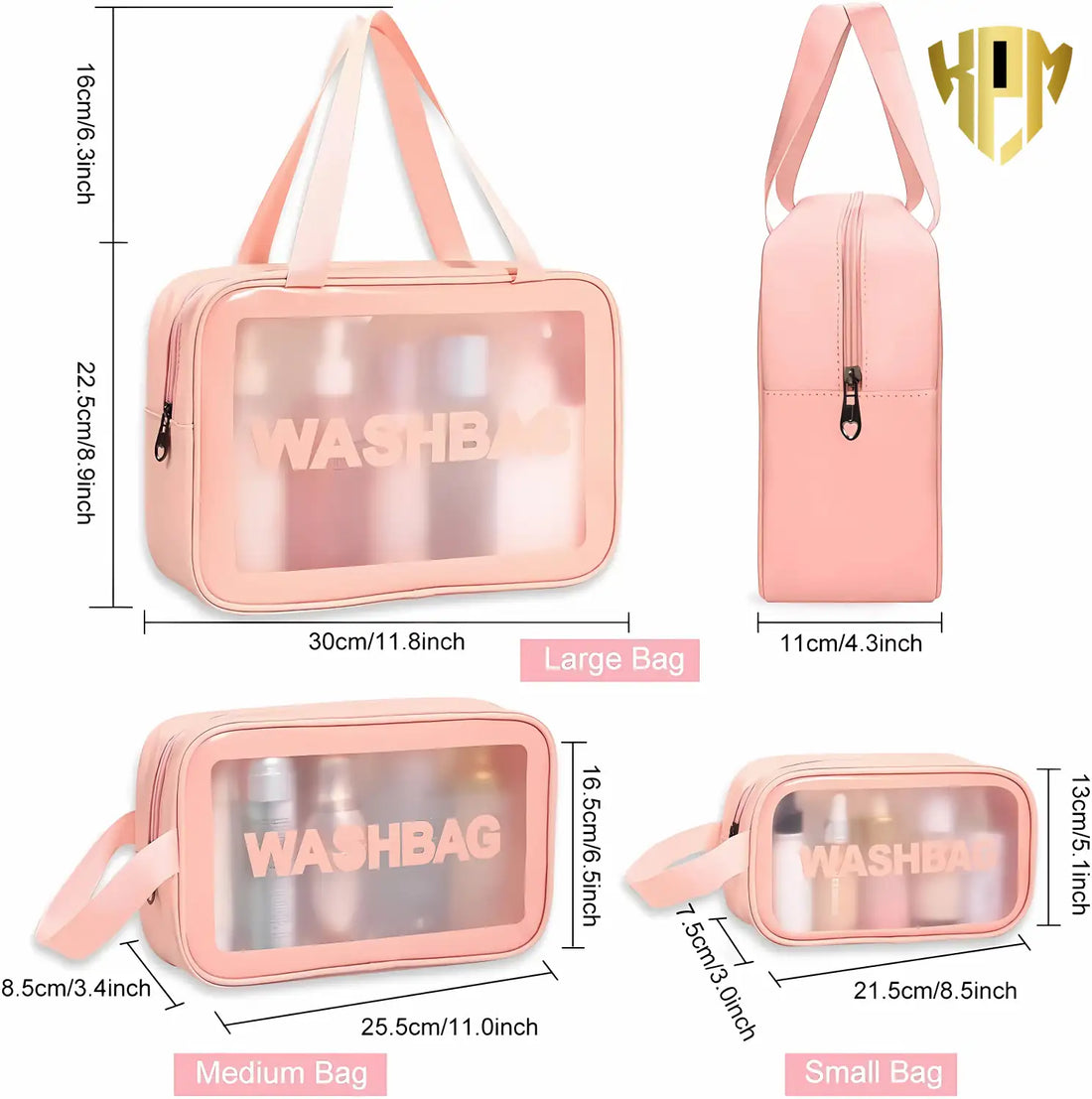 KPM WORLD™ premium pink 3-piece travel wash bag set with transparent PVC front panels, including large, medium, and small organizers for cosmetics, toiletries, and travel essentials.