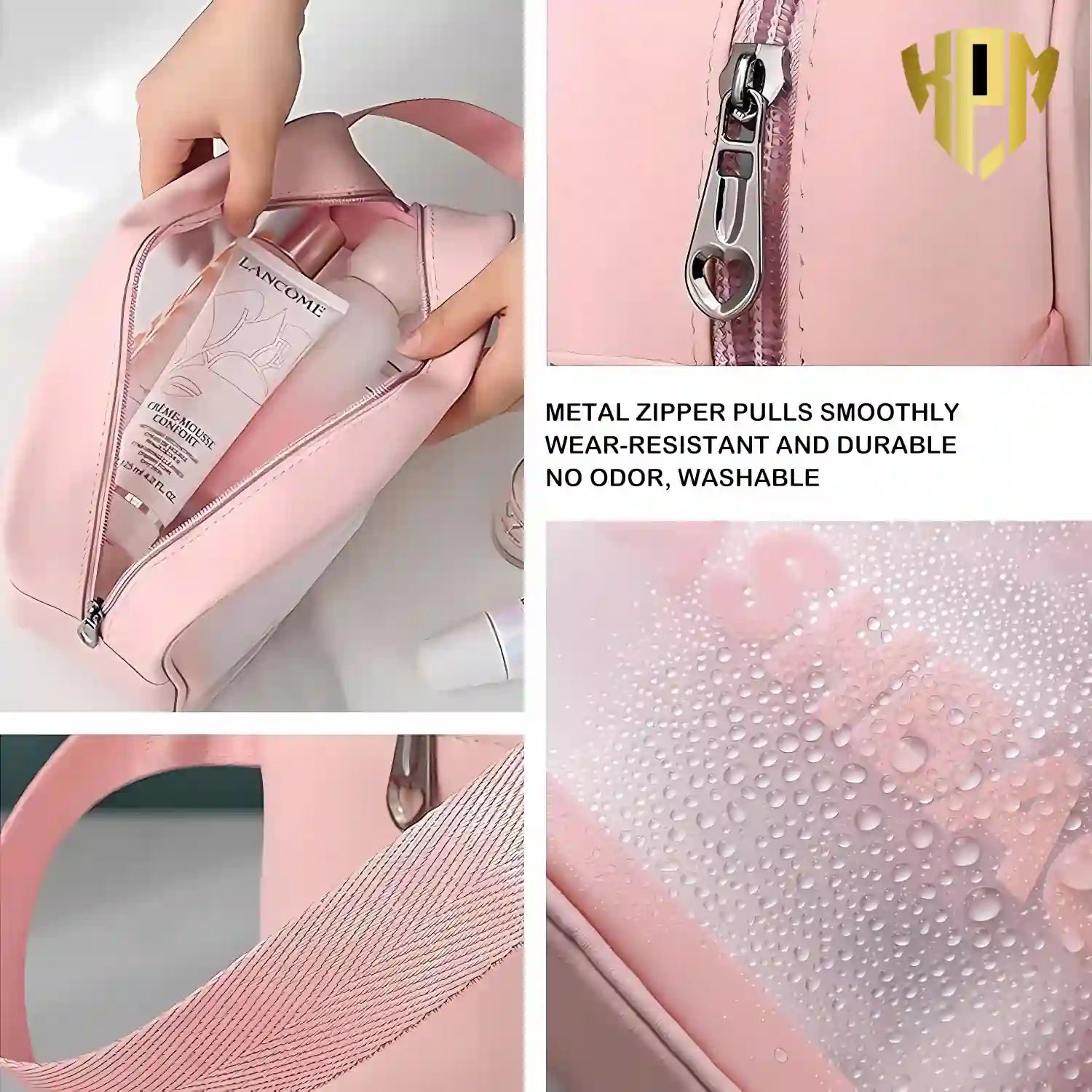 KPM WORLD™ pink travel wash bag featuring smooth metal zipper, durable carry handle, waterproof transparent PVC panel, and premium PU leather construction.