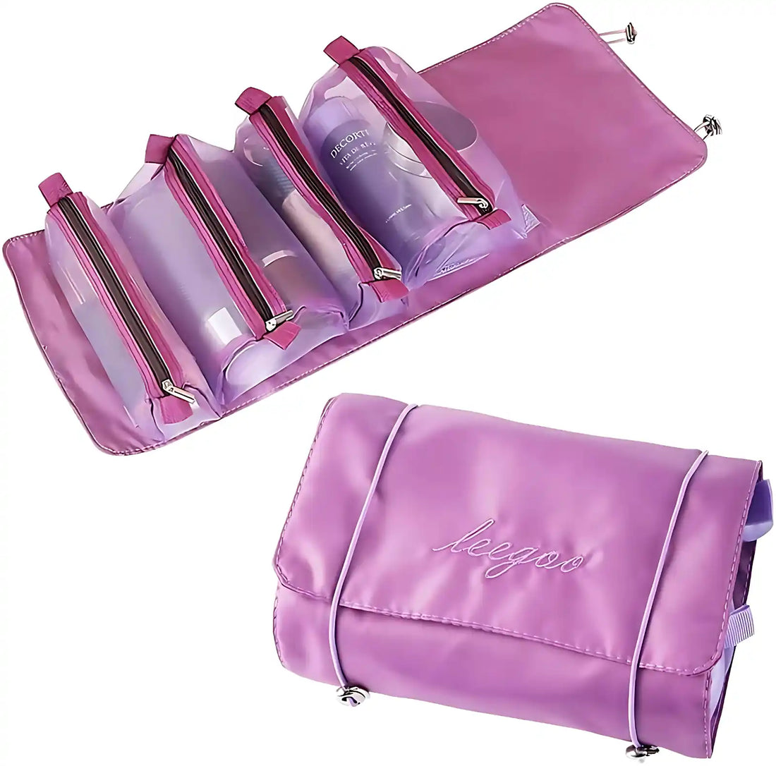 KPM WORLD™ premium purple 4-in-1 hanging travel organizer shown in folded and fully opened positions with detachable transparent storage pouches.