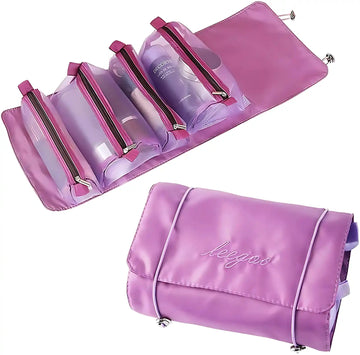 KPM WORLD™ premium purple 4-in-1 hanging travel organizer shown in folded and fully opened positions with detachable transparent storage pouches.