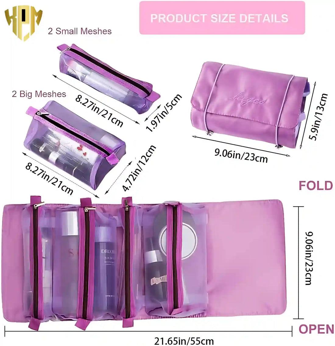 KPM WORLD™ premium purple 4-in-1 hanging travel organizer shown in folded and fully opened positions with detachable transparent storage pouches.