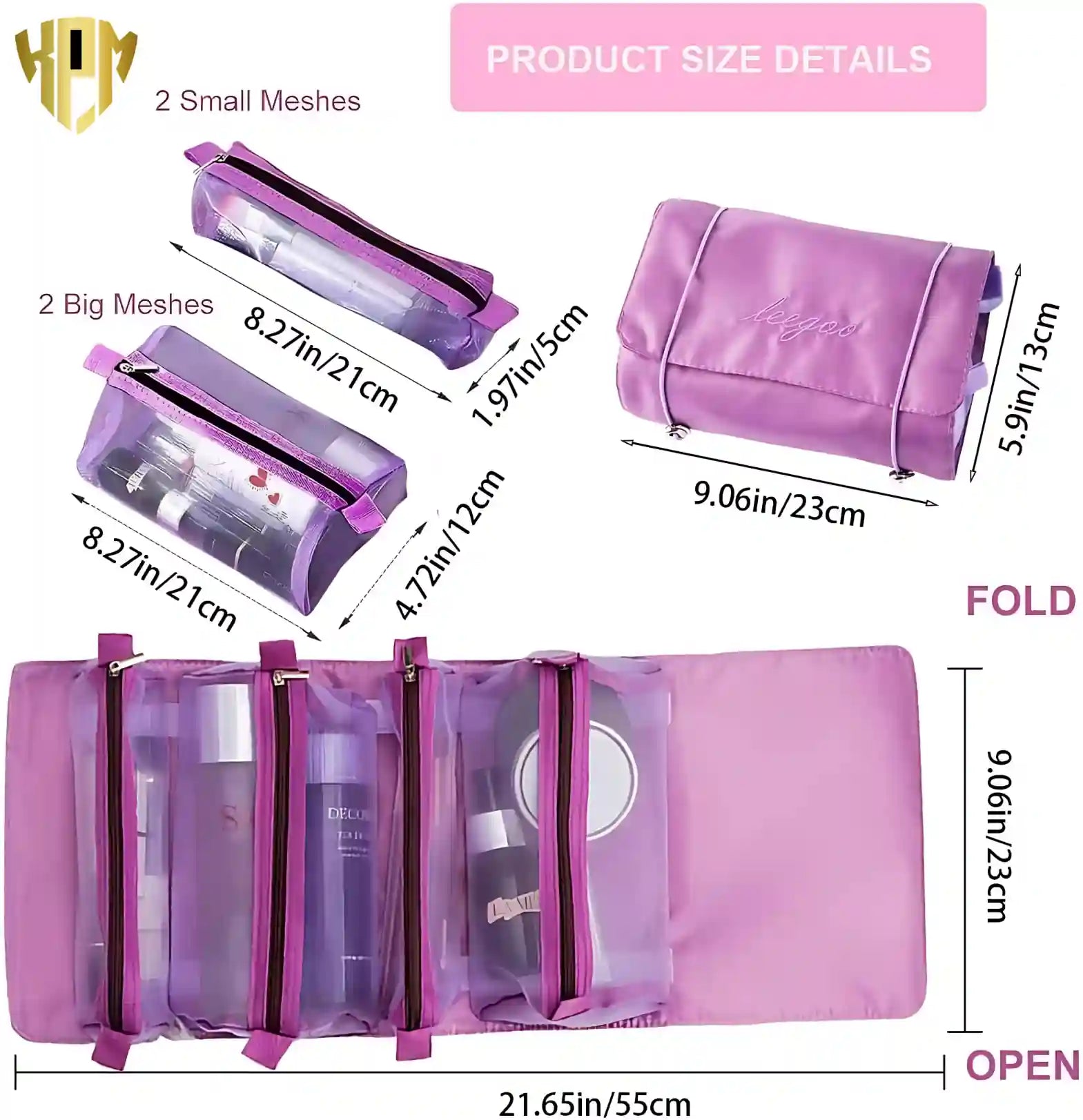 KPM WORLD™ purple 4-in-1 hanging cosmetic organizer with detailed dimensions of the roll-up bag and detachable transparent mesh pouches.