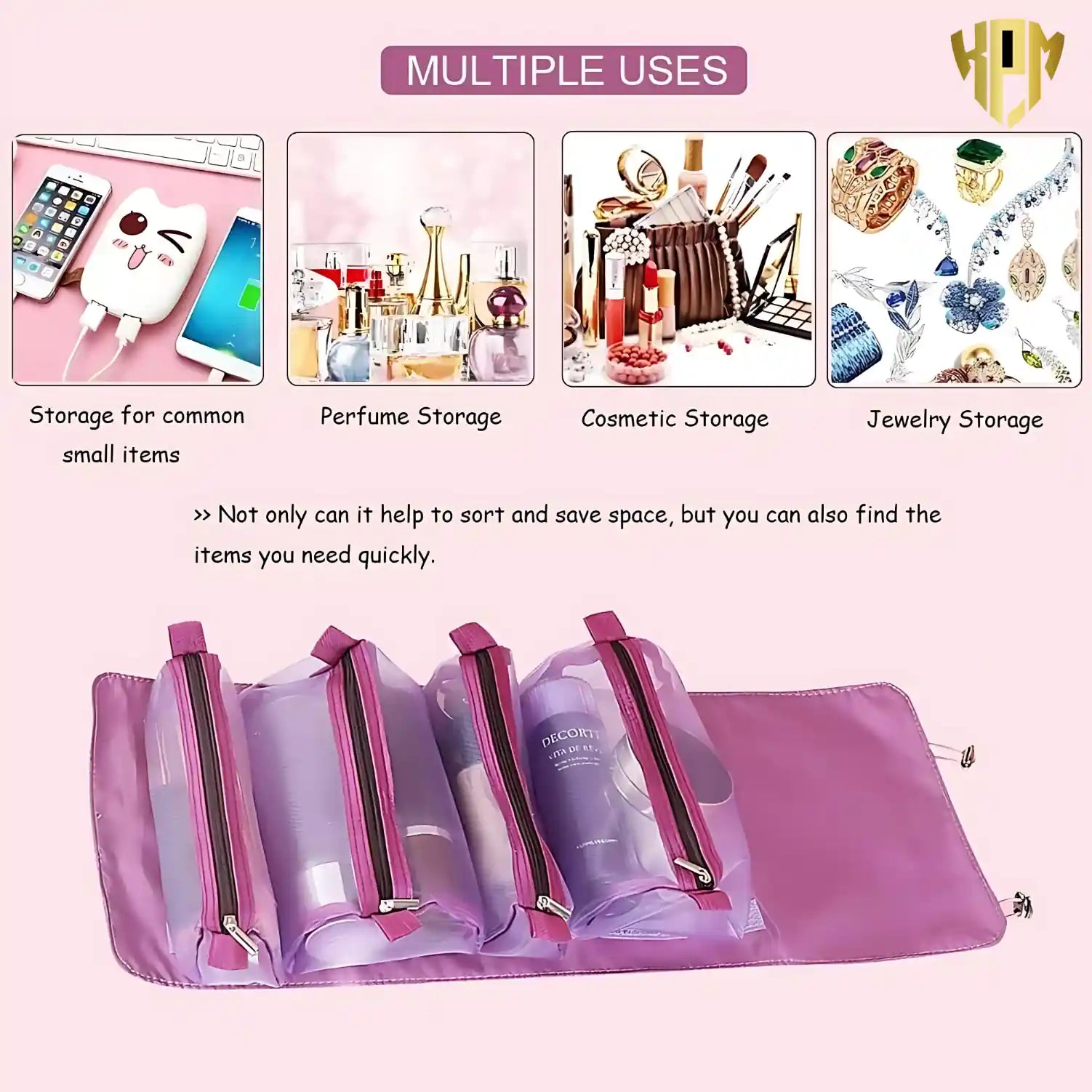 KPM WORLD™ purple 4-in-1 hanging travel organizer for electronics, perfume, cosmetics, makeup, and jewelry storage with detachable transparent compartments.