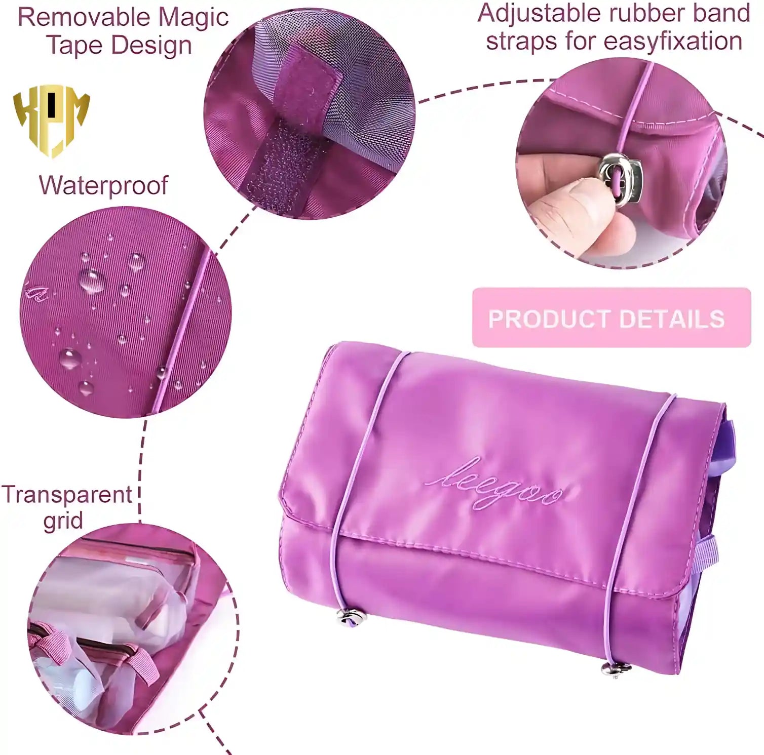 KPM WORLD™ purple hanging travel organizer featuring waterproof fabric, detachable hook-and-loop pouches, transparent mesh, and adjustable elastic straps.
