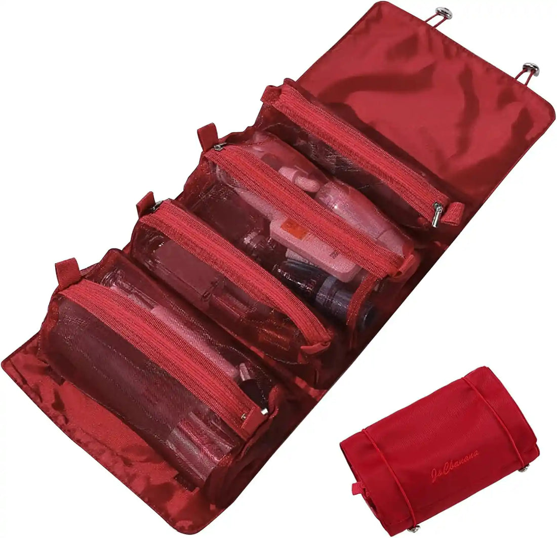 KPM WORLD™ red 4-in-1 hanging travel organizer shown folded and fully opened with four detachable transparent storage compartments.