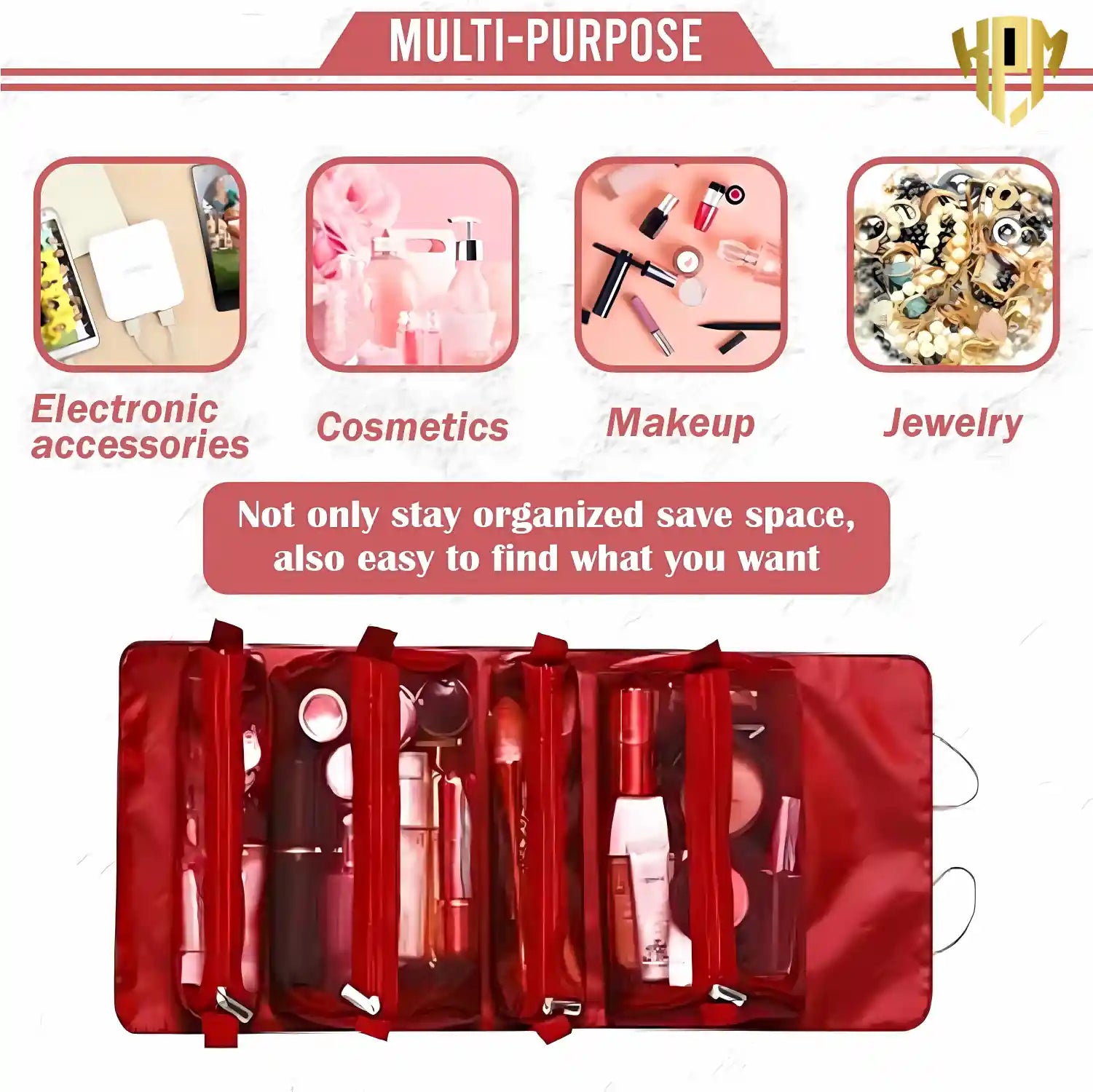 KPM WORLD™ red multi-purpose organizer for cosmetics, makeup, jewelry, electronic accessories, toiletries, and travel essentials.
