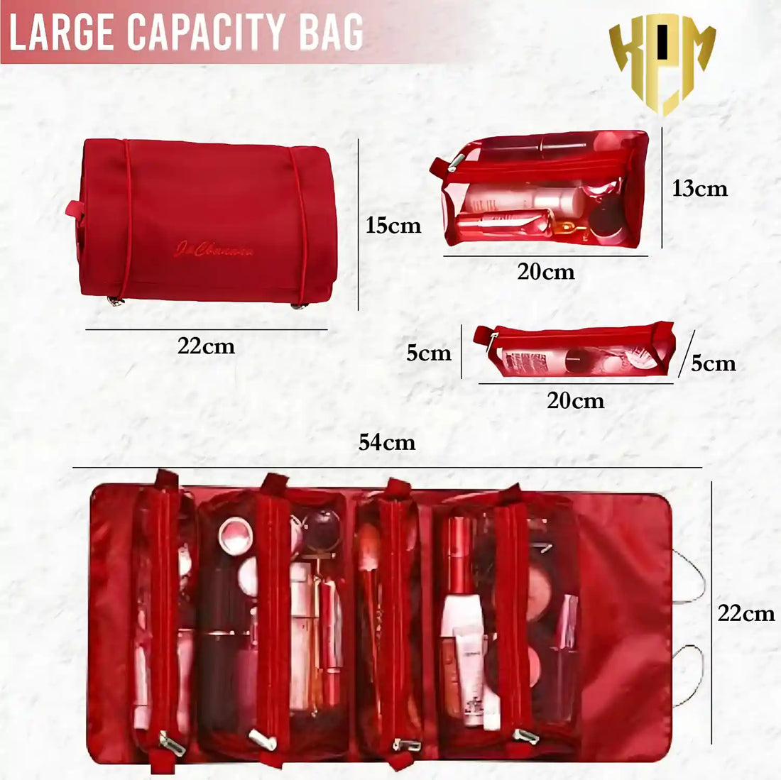 KPM WORLD™ red 4-in-1 hanging travel organizer shown folded and fully opened with four detachable transparent storage compartments.