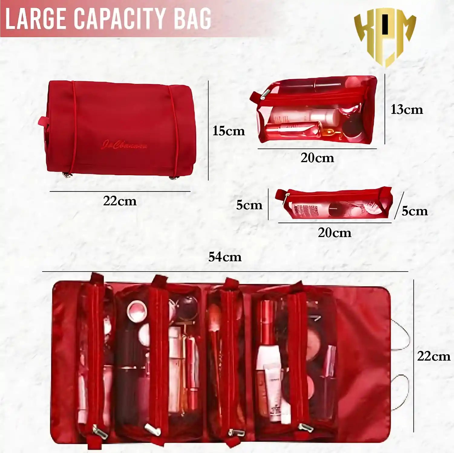KPM WORLD™ red hanging travel organizer with product dimensions, storage capacity, folded size, and detachable pouch measurements.