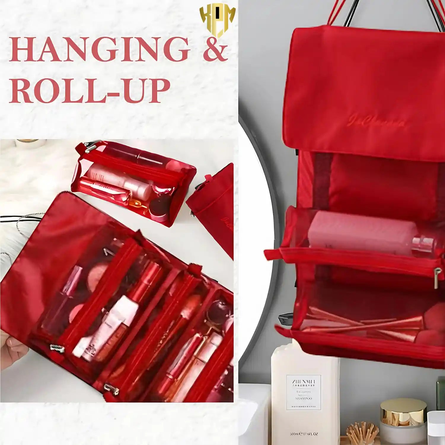 KPM WORLD™ red hanging roll-up toiletry organizer displayed open for easy bathroom access and compact travel storage.