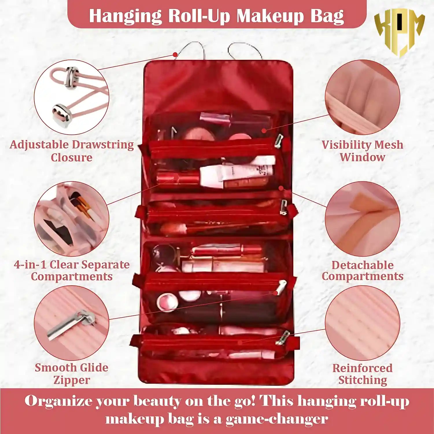 KPM WORLD™ red hanging roll-up makeup organizer highlighting adjustable drawstrings, detachable compartments, smooth zipper, mesh window, and reinforced stitching.