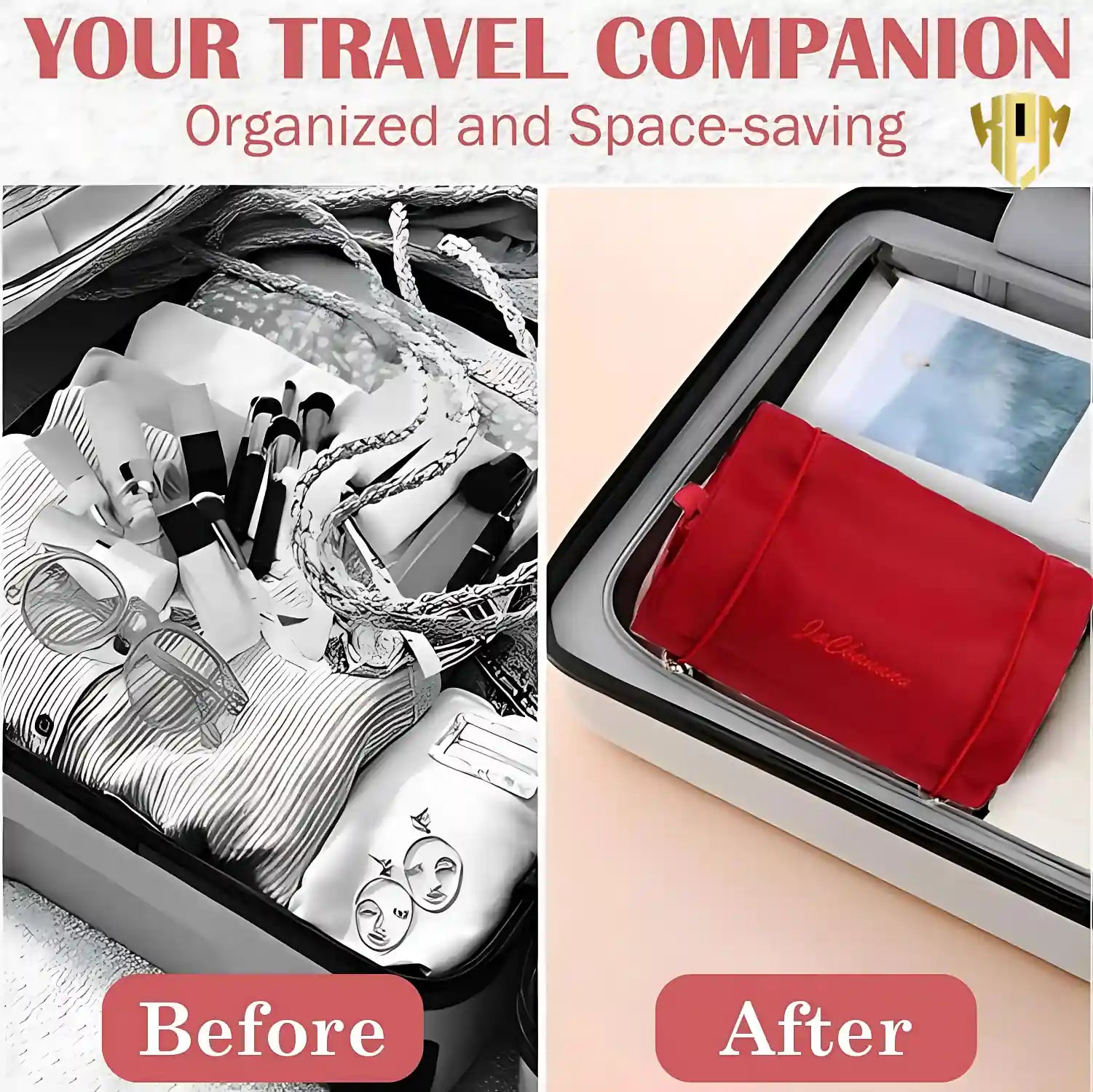 KPM WORLD™ red roll-up travel organizer demonstrating before-and-after suitcase organization for efficient packing and space saving.