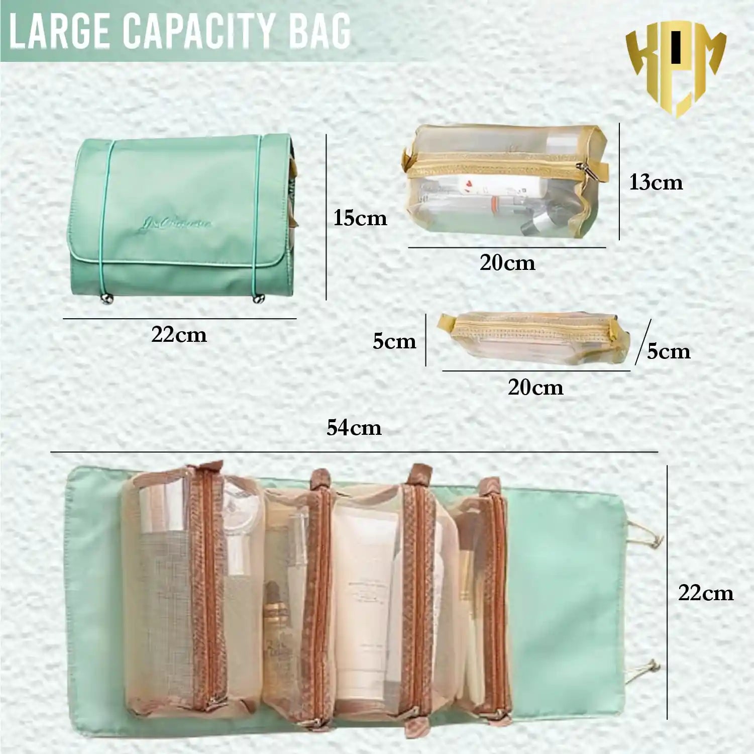 KPM WORLD™ hanging roll-up makeup organizer bag showing overall dimensions, detachable pouch sizes and large storage capacity.