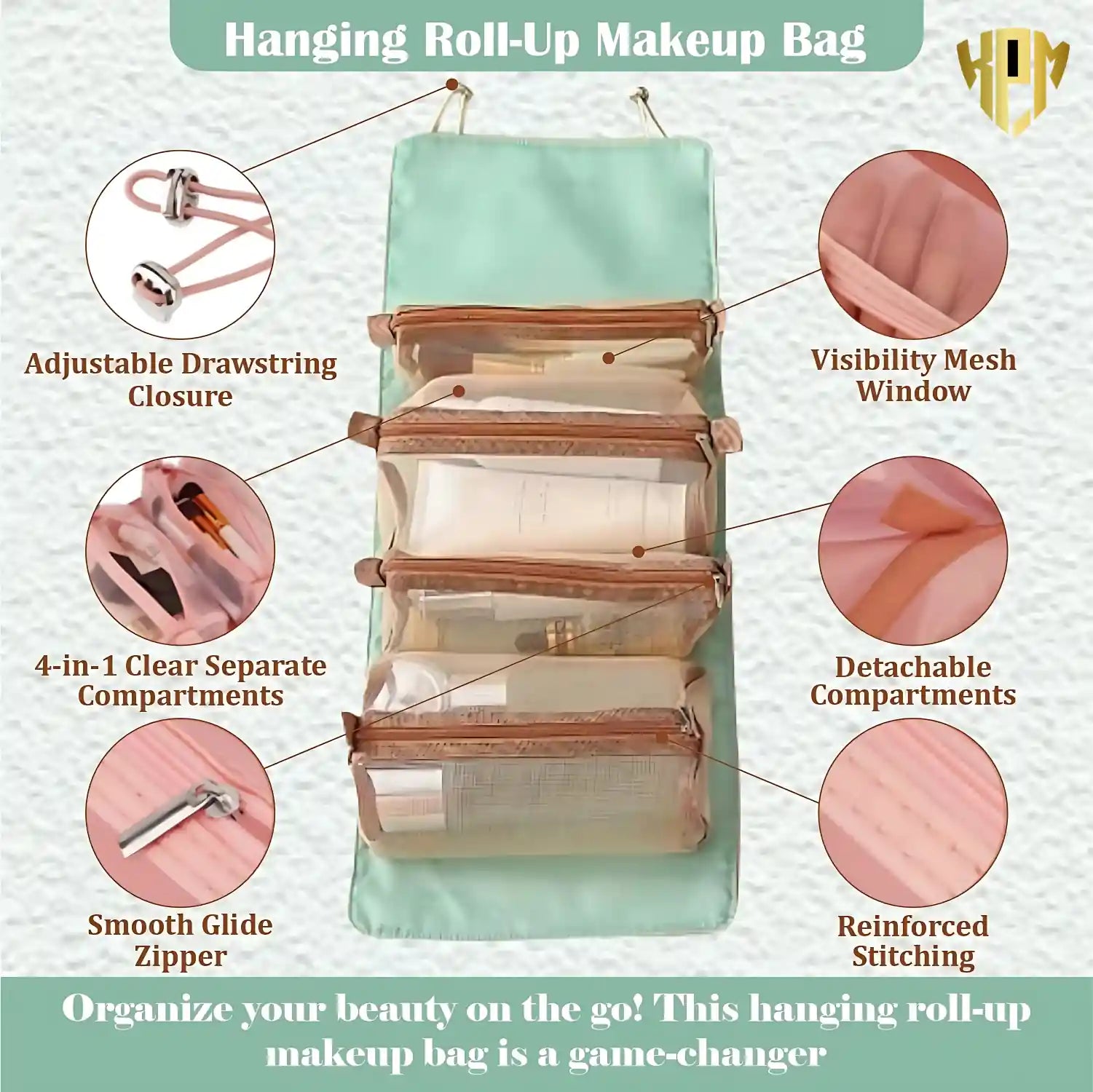 KPM WORLD™ hanging roll-up makeup organizer featuring adjustable drawstring closure, detachable compartments, transparent mesh windows, smooth zipper and reinforced stitching.