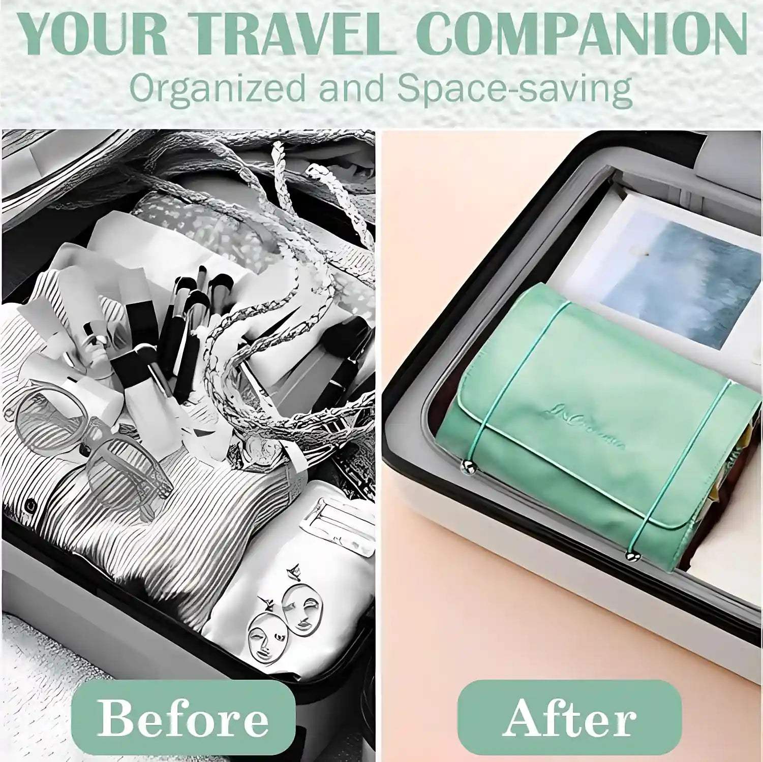KPM WORLD™ hanging roll-up makeup organizer bag keeps cosmetics neatly organized and saves space while travelling.