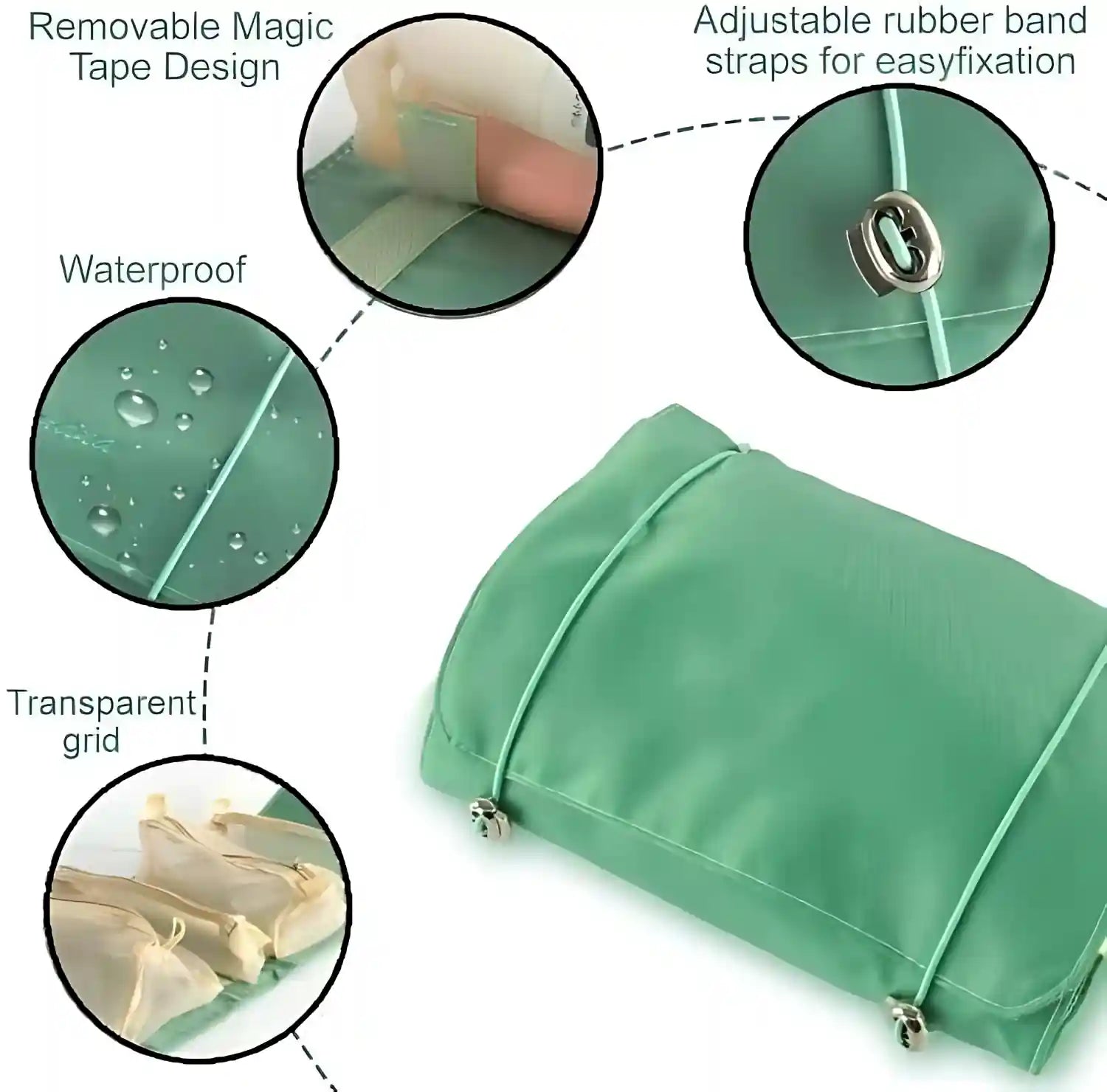 KPM WORLD™ hanging roll-up makeup organizer with waterproof material, transparent mesh compartments, adjustable elastic straps and removable hook-and-loop closure.