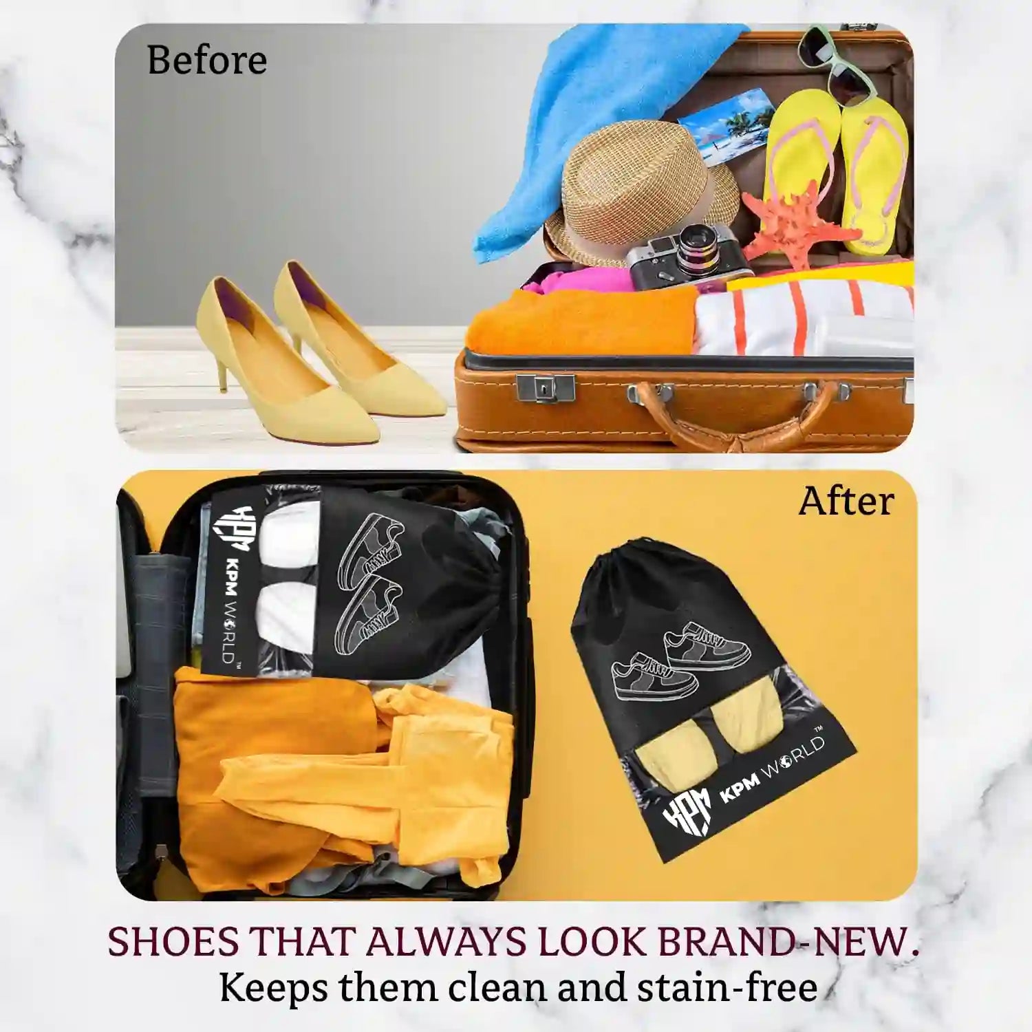 Before and after comparison showing how the KPM WORLD™ reusable shoe storage bag keeps shoes separate from clothes for cleaner, more organized travel packing.
