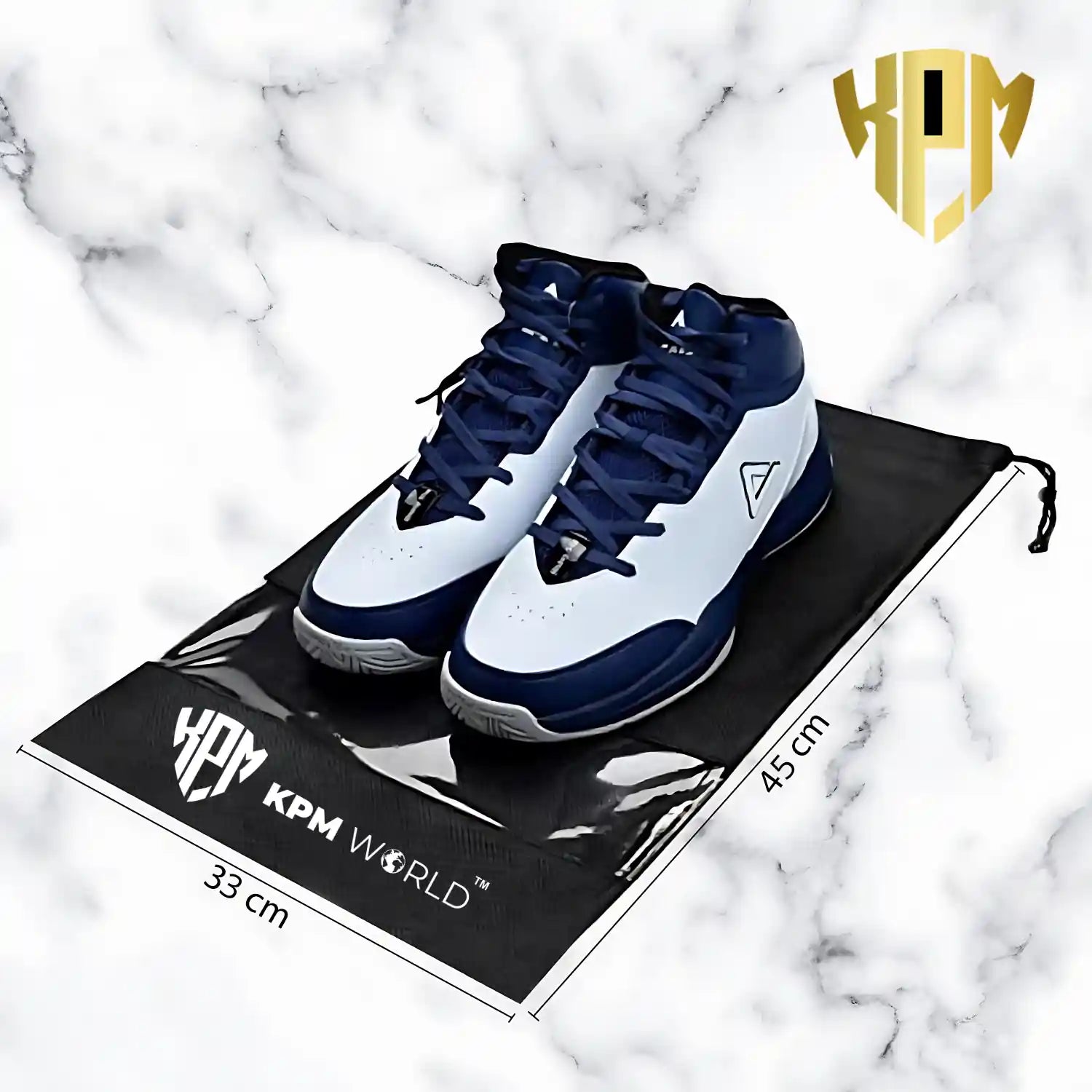 KPM WORLD™ reusable shoe storage bag with dimensions of 33 × 45 cm, suitable for sneakers, sports shoes and everyday footwear.