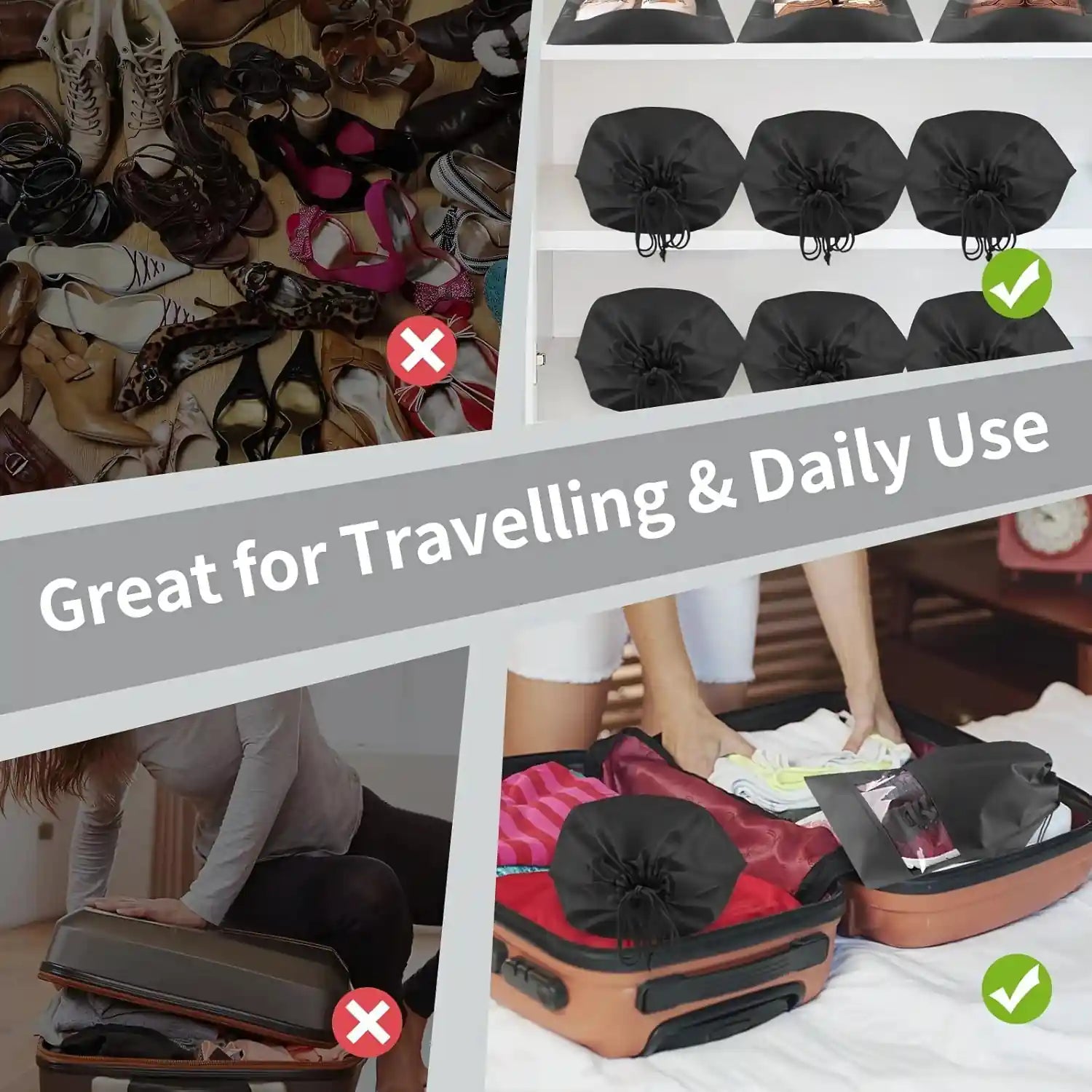 KPM WORLD™ reusable shoe storage bag suitable for sneakers, leather shoes, heels, slippers, flats and everyday footwear.