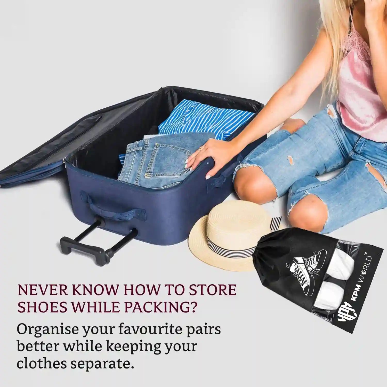 KPM WORLD™ reusable drawstring storage bag suitable for shoes, clothing, cosmetics, toiletries, towels, socks and travel essentials.