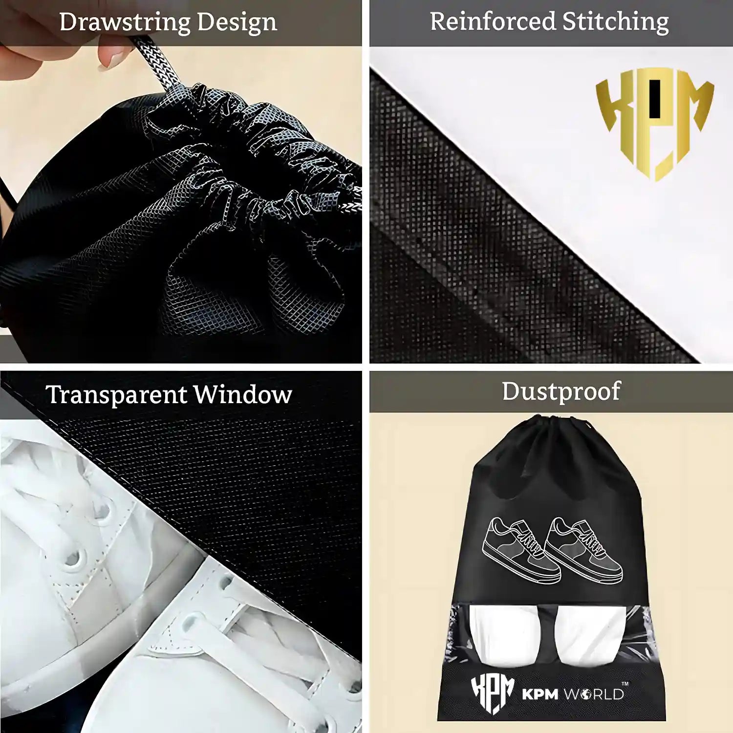 KPM WORLD™ reusable shoe storage bag featuring a drawstring closure, reinforced stitching, transparent viewing window and dustproof design.