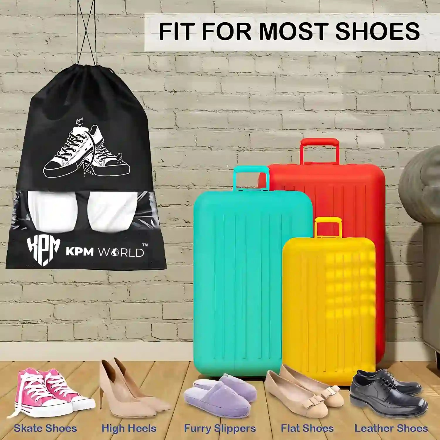 KPM WORLD™ reusable shoe storage bag for travel and everyday use, helping organize shoes neatly at home, in closets and inside luggage.
