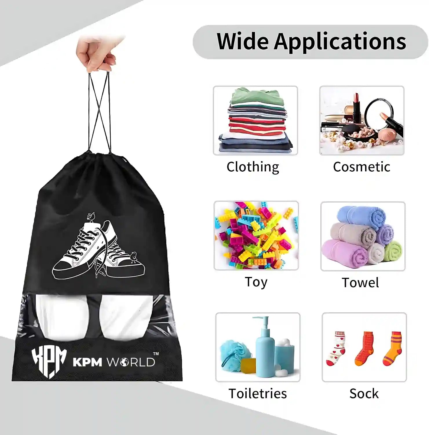 KPM WORLD™ reusable shoe storage bag keeping shoes separate from clothes inside a suitcase for clean, organized and hygienic travel packing.
