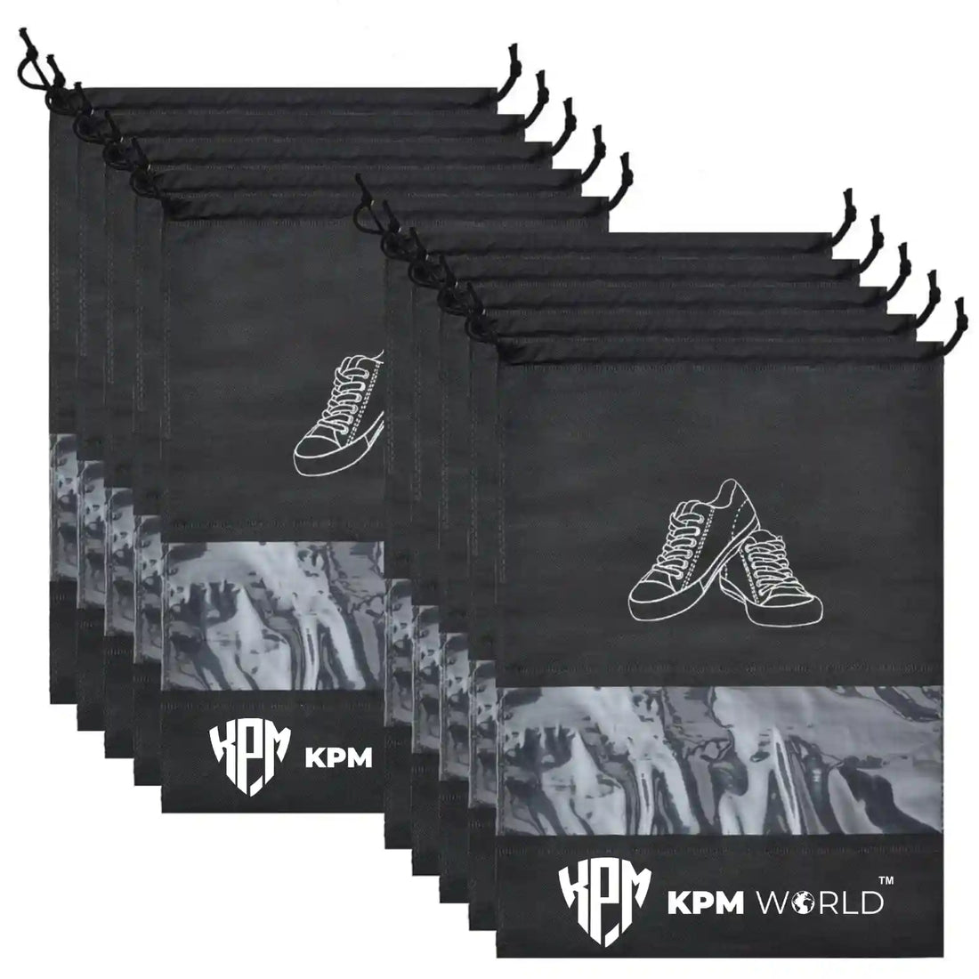 KPM WORLD™ Pack of 10 reusable black shoe storage bags with drawstring closure and transparent viewing window for travel, wardrobe and home organization.