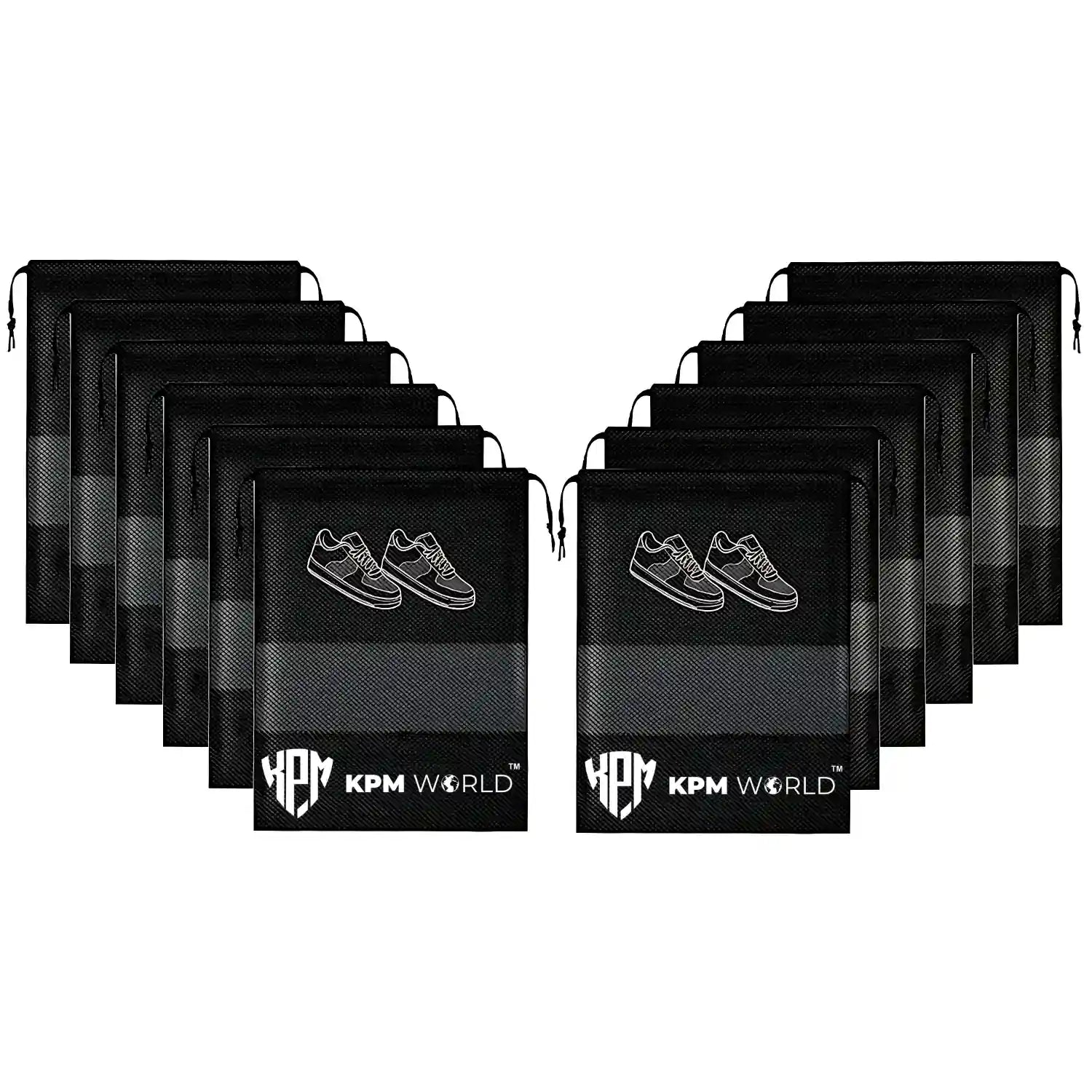 KPM WORLD™ Pack of 12 reusable black shoe storage bags with drawstring closure and transparent viewing window for travel, wardrobe and home organization.
