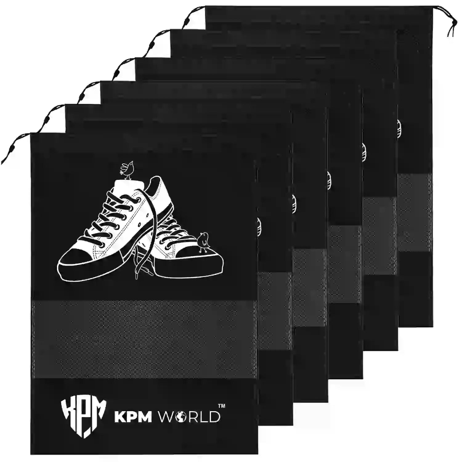 KPM WORLD™ Pack of 6 reusable black shoe storage bags with drawstring closure and transparent viewing window for travel, wardrobe and home organization.