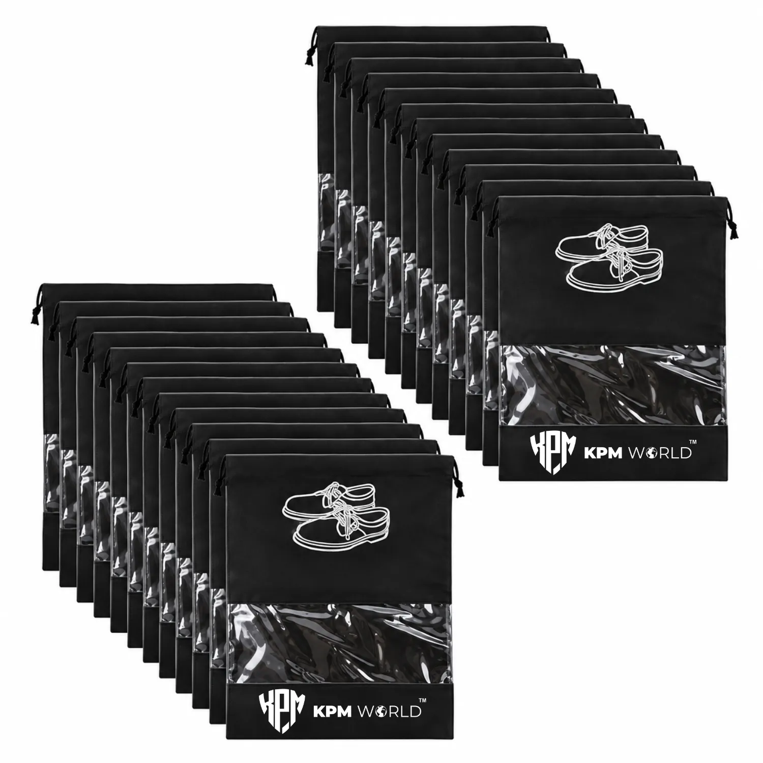 Premium Travel Shoe Bags with Transparent Window & Drawstring Closure - Pack of 24, in Black – KPM WORLD™