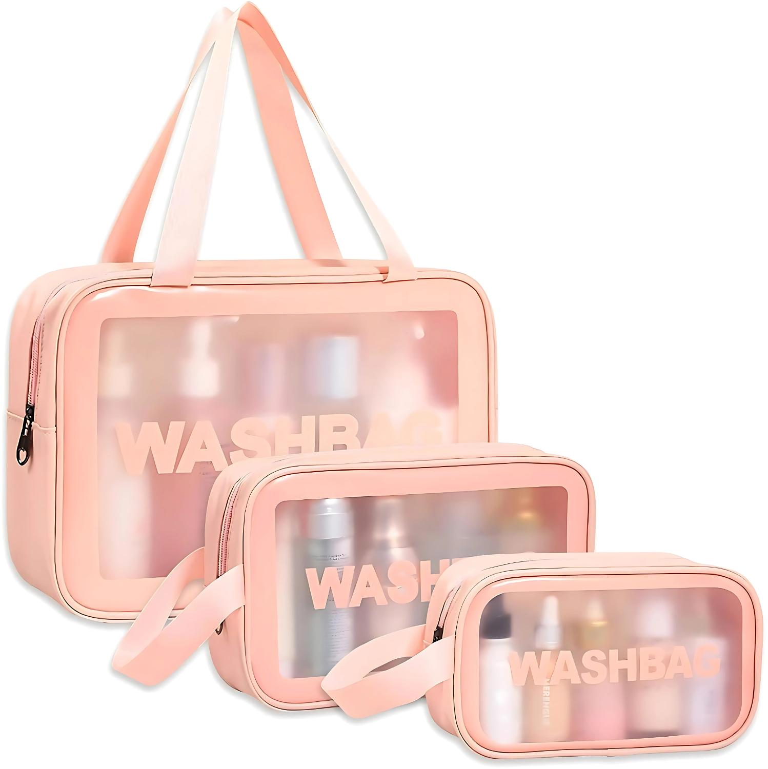 Makeup Cosmetic Wash Bag Set of 3 (Pink)